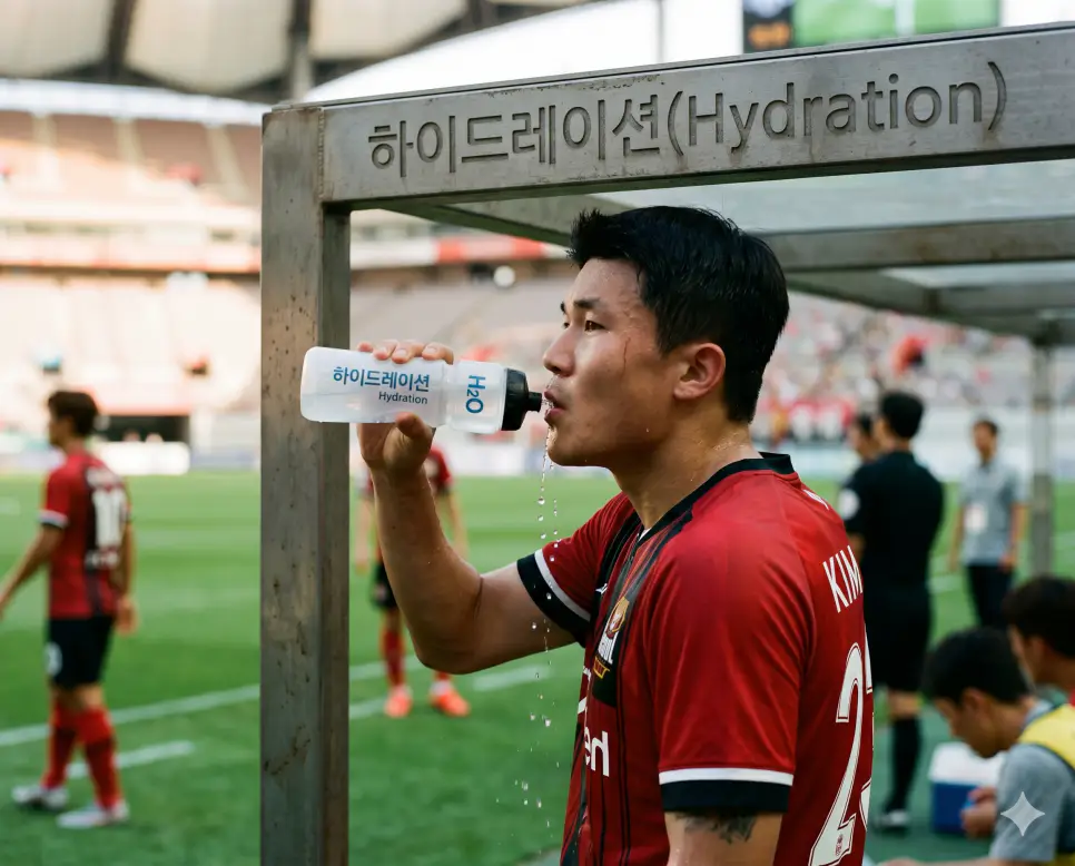 수분이 부족한 신체나 물질에 물을 공급하여 정상 상태로 회복시키는 수분 충전 활동이자 축구 경기 중 선수들의 신체 기능 유지를 도모하는 하이드레이션(Hydration) 가이드라인을 전반전 직후 땀에 젖은 유니폼을 입고 터치라인 앞에서 플라스틱 스포츠 물병으로 수분을 보충하는 축구 선수의 정면 극실사 이미지