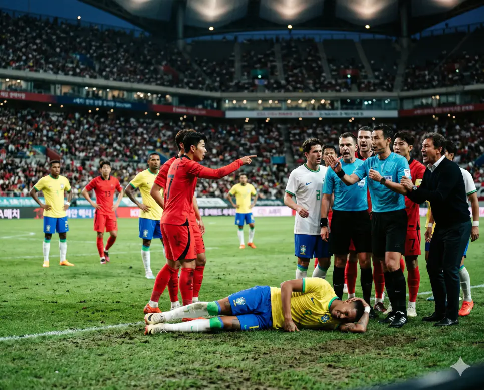 경기장 한복판에서 국가대표팀 간 치열한 볼 경합을 벌이는 A매치(A-match)의 서사, 판정 오류에 대해 심판에게 강하게 항의하는 오심(Misjudgment)의 정황, 그리고 경기 막판 잔디에 누워 고의로 시간을 지연시키는 침대축구(Time-wasting Tactics)의 전술 순간을 하나의 정돈된 리얼리티 스포츠 보도사진 스토리 라인으로 융합한 마스터피스 큐레이션 통합 포스터 극실사 이미지