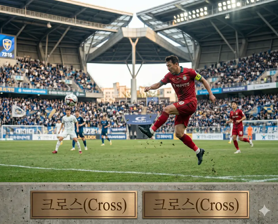 마스코트 뜻, 크로스 뜻, 리베로 뜻: 상징 캐릭터와 측면 전개 및 자유 수비수의 본질 정리 2 축구 경기 중 운동장 측면 터치라인 구역에서 중앙 하프 스페이스나 페널티 박스 내부로 공을 길게 패스하여 완착시키는 공격 전개 기술인 크로스(Cross)의 전개 순간을 경기장 측면 선상에서 전문 윙어 선수가 정밀한 궤적으로 볼을 차 올리는 실제 스포츠 경기 현장 구도로 고증한 정면 극실사 모습