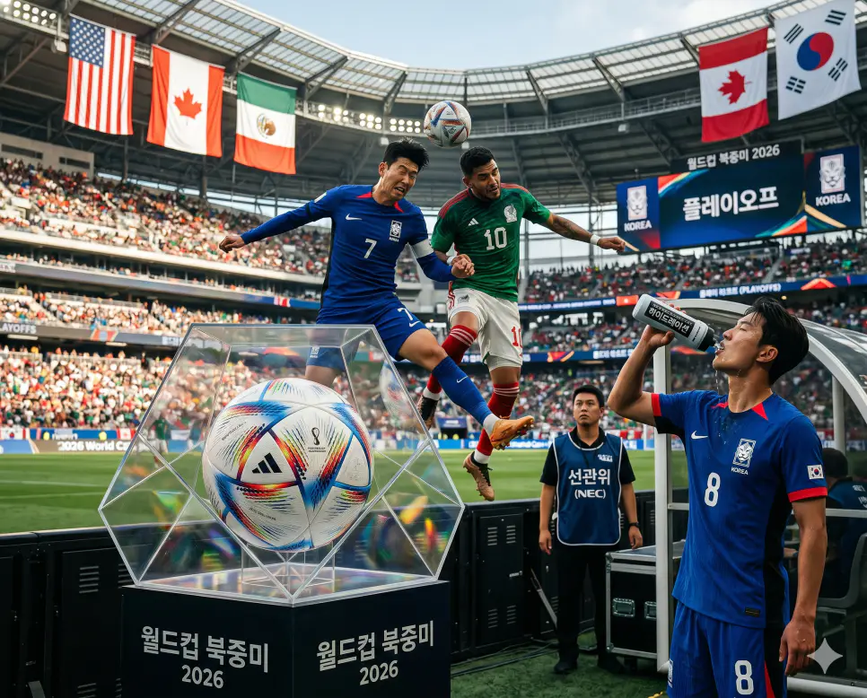 경기 중 터치라인 앞에서 물병을 들고 수분을 보충하는 하이드레이션(Hydration)의 축구 선수, 48개국 축제의 중심을 상징하는 월드컵 북중미(2026 World Cup)의 오피셜 매치볼 전시단, 그리고 우승 왕좌의 패권을 위해 치열하게 공중볼 경합을 벌이는 플레이오프(Playoffs)의 현역 선수들을 하나의 유기적인 스포츠 보도사진 스토리 라인으로 융합한 마스터피스 큐레이션 통합 포스터 극실사 이미지