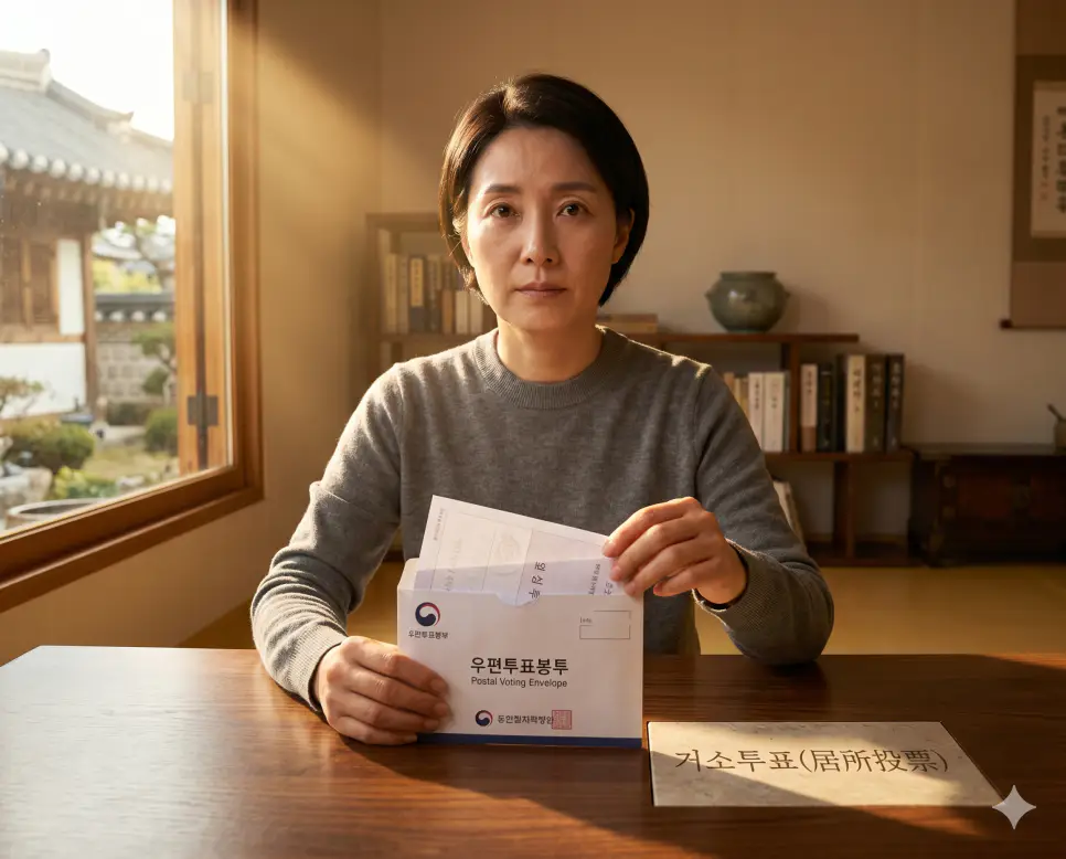 신체 장애나 원격지 거주 등의 사유로 투표소에 갈 수 없는 유권자가 자신이 머무는 장소에서 우편으로 투표하는 제도인 거소투표 절차를 정밀하게 담아낸 모습