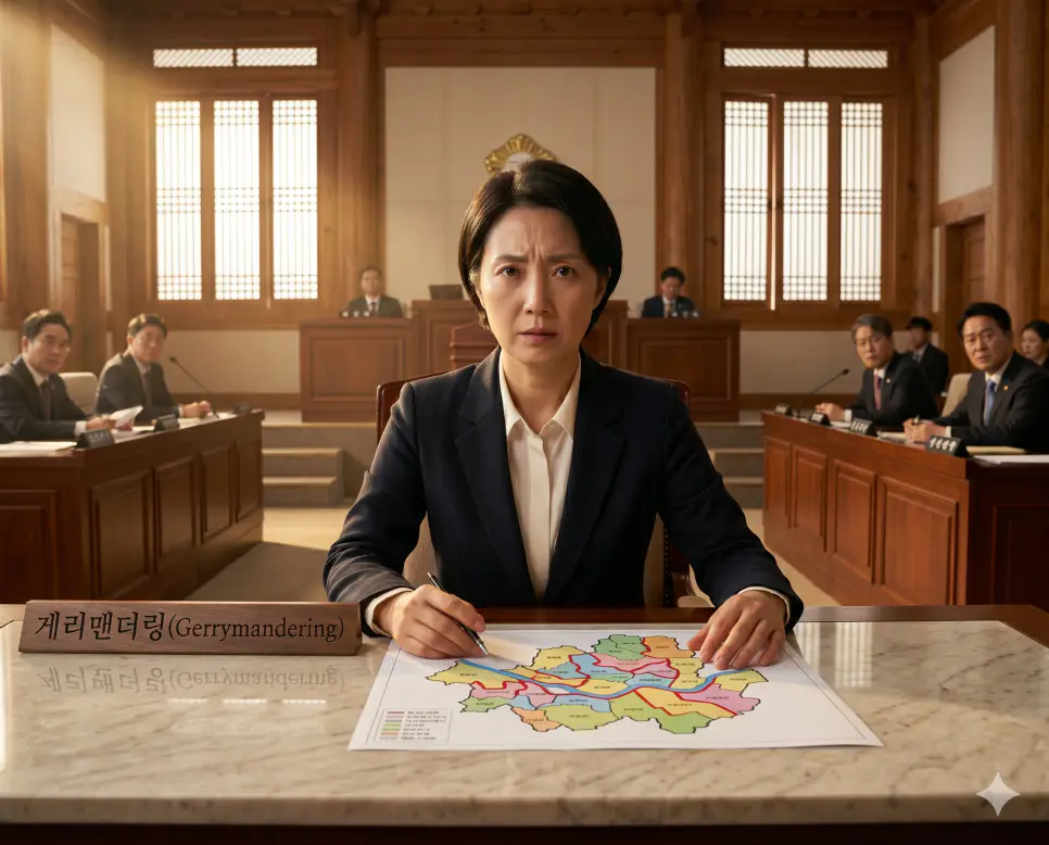 특정 정당이나 특정 후보자에게 유리하도록 선거구를 자의적이고 기형적인 형태로 왜곡하여 획득하는 부당한 선거구 획정 행위인 게리맨더링(Gerrymandering) 문서를 진중한 정면 표정으로 검토하는 분석가의 극실사 모습