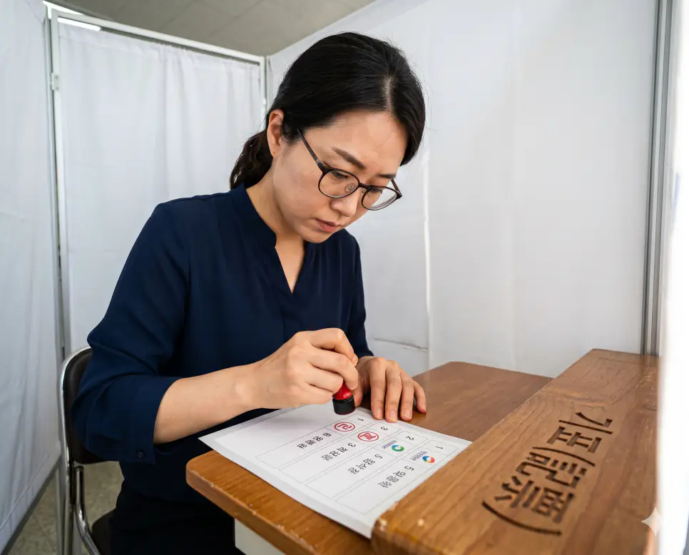선거 투표소에서 유권자가 지지하는 후보자나 정당의 칸에 정해진 도구를 사용하여 정확하게 표식을 찍는 행위인 기표 순간을 정확하게 포착한 이미지