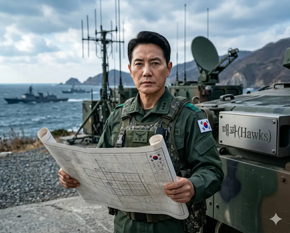 데탕트 뜻, 매파 뜻, 프락치 뜻: 국제 정치적 긴장 완화와 강경 진영 및 위장 잠입 첩자의 본질 2 외교 정치적 쟁점 해결 과정에서 타협보다는 강력한 물리적 군사 권력이나 강경 조항을 고수하는 진영인 매파(Hawk Faction) 작전 전술 지도를 해안 초소 데스크 앞에서 정면 구도로 엄숙하게 검토하는 지휘관의 극실사 모습