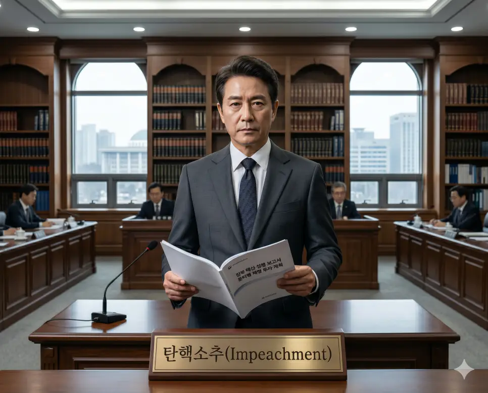 법률이 정한 고위 공직자가 직무 수행 중 헌법이나 법률을 위반했을 때 국회가 파면을 요구하며 소송을 제기하는 입법부의 사법 제어 조항인 탄핵소추(Impeachment Bill) 브리프 서류를 위원회실 책상에서 정면 구도로 진중하게 살피는 법학자의 극실사 모습