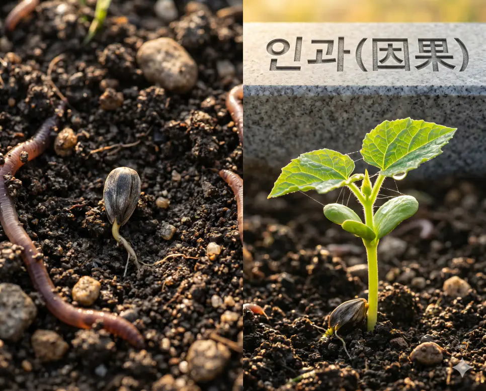 인과 모든 결과에는 원인이 따르는 절대 법칙 뜻을 표기하기 위해 정원 돌 테두리 표면에 키워드가 조각된 소품 너머로 비옥한 흙 속의 작은 씨앗에서 푸른 새싹이 자라나는 생명 서사의 극실사 이미지