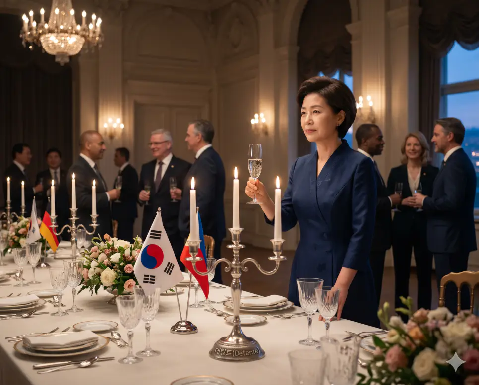 데탕트 뜻, 매파 뜻, 프락치 뜻: 국제 정치적 긴장 완화와 강경 진영 및 위장 잠입 첩자의 본질 1 적대 관계에 있던 국가들이 상호 간의 긴장을 완화하고 소통 평화망을 구축하는 국제 정치적 화해 정국인 데탕트(Detente) 공식 건배 잔을 연회장 테이블 위에서 진중한 정면 표정으로 들어 올리는 교섭 수반의 극실사 이미지