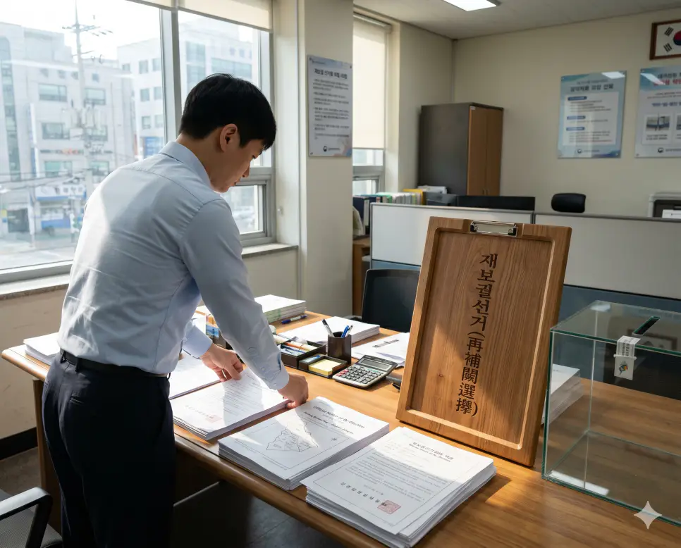 선거 뜻, 대선 뜻, 재보궐선거 뜻: 민주주의 핵심 행정과 최고 서열의 선출 방식 3 재보궐선거 공석이 된 자리를 채우는 행정 보완 절차 뜻을 표기하기 위해 선관위 사무실 서류철 프레임 표면에 키워드가 조각된 소품 옆에서 행정관이 보궐선거 안내 문서와 임시 투표함을 면밀히 정렬하는 측후면 극실사 이미지