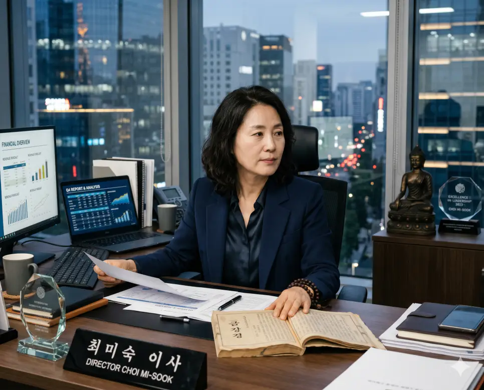 서원 뜻, 출가 뜻, 재가 뜻: 불교의 고결한 목표와 수행의 두 가지 길 3 재가 일상 속 수행 양식을 표기하기 위해 현대적인 오피스 책상 앞에서 여성 불자가 업무와 수행을 병행하는 극실사 이미지