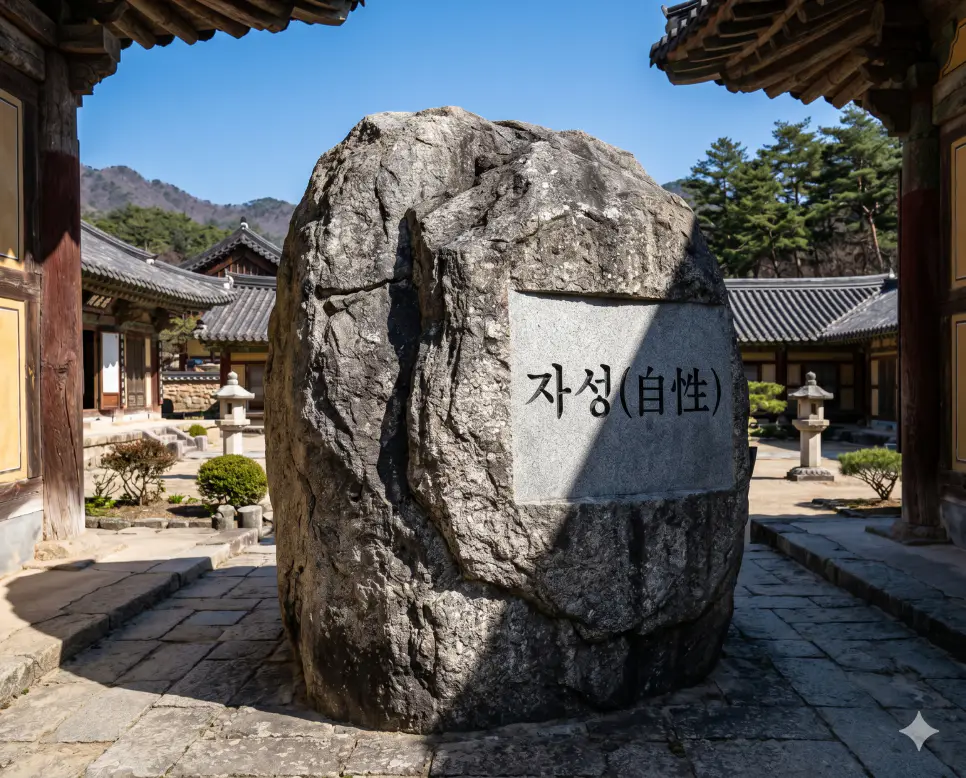 자성 외부 조건에 의지하지 않는 독립적 본질을 시각화하기 위해 사찰 마당 중심에 놓인 거대한 화강암 바위 평평한 표면에 키워드가 정교하게 새겨진 극실사 모습