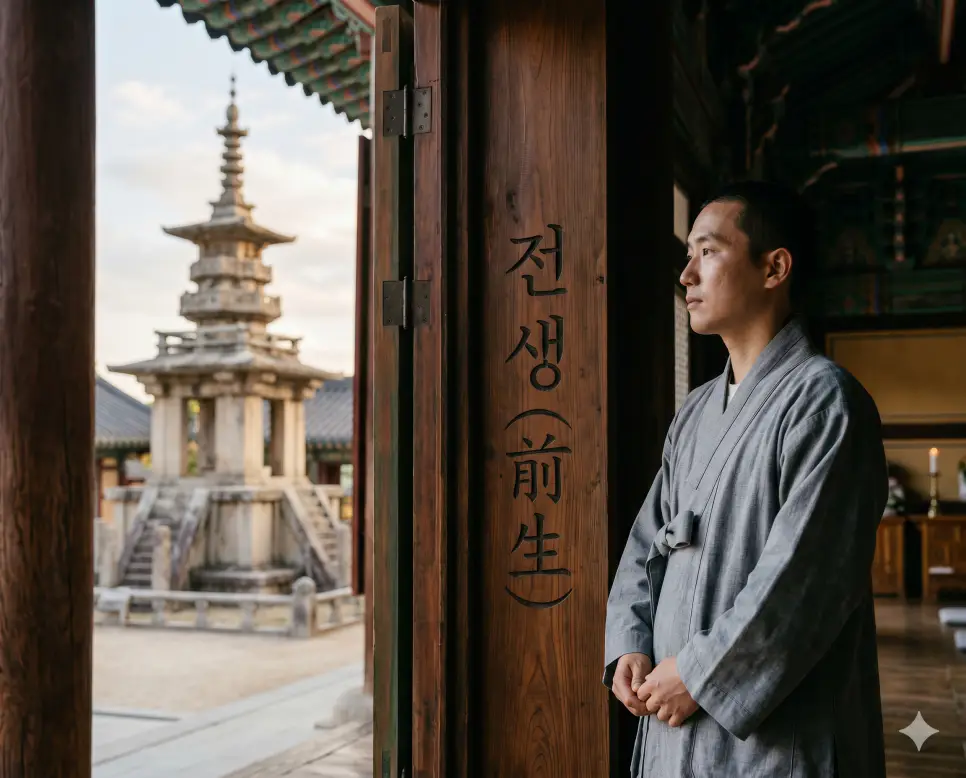 영혼 뜻, 전생 뜻, 현생 뜻: 윤회의 궤도 속 불멸의 실체와 현재의 삶 2 전생 윤회 궤도 속 과거의 삶을 시각화하기 위해 고요한 법당 문틀 표면에 키워드가 정교하게 새겨진 소품 옆에 서서 고대 석탑을 바라보는 수행자의 극실사 모습