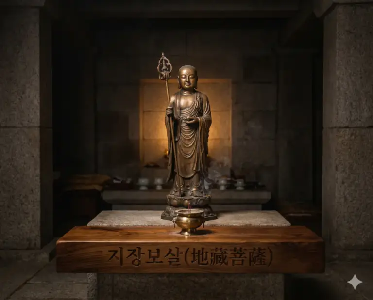 jijang bosal bronze statue dark sanctuary real photography 8k
