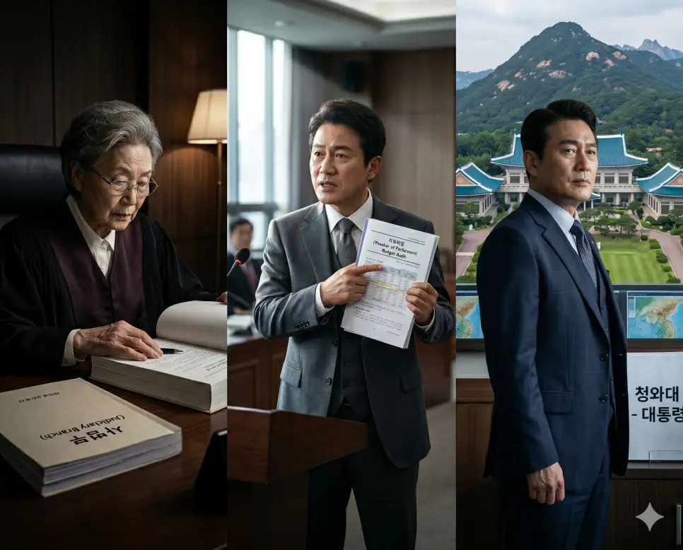 법치 질서의 판결문을 조율하는 사법부(Judiciary Branch)의 재판정, 감사 책자를 검토하는 국회의원(Member of Parliament)의 위원회실, 최종 안보 지표를 승인하는 대통령(The President)의 집무실 요소를 종합 구도로 결합한 최고급 통치 포스터