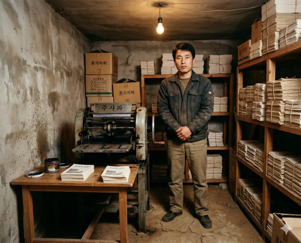 북한의 김일성이 내세운 주체사상을 공식 지도 이념으로 채택하고 이를 대한민국 체제 전복의 도구로 삼으려 했던 극단적인 비주류 지하 세력인 주사파(Jusapa)의 실제 역사적 활동을 묘사한 지하 인쇄 아지트의 수동식 등사기와 불법 유인물 사료들을 정면 구도로 정밀하게 포착한 지하 세력의 극실사 모습