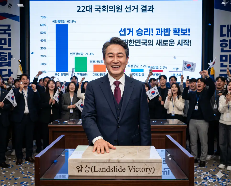 상대 진영을 압도적인 표 차이나 지지율 데이터로 완벽하게 누르고 거두는 매우 여유 있고 확실한 선거 승리인 압승(Landslide Victory) 차트를 등지고 정면 구도로 서서 확신에 찬 미소를 짓는 후보자의 극실사 모습