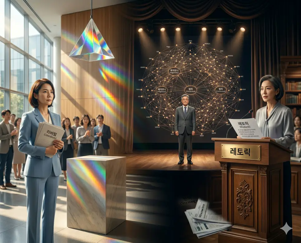 리버럴 뜻, 헤게모니 뜻, 레토릭 뜻: 개인의 자유주의 가치와 정치공학적 패권 및 수사학의 본질 4 시민 포용 토론을 조율하는 리버럴(Modern Liberalism)의 미술관 광장, 구조적 원고를 검토하는 헤게모니(Political Hegemony)의 대학교 무대, 감정 수사학을 결속하는 레토릭(Political Rhetoric)의 서점 연단 요소를 종합 구도로 결합한 최고급 사상 포스터