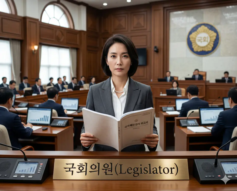 주권자의 투표날인 데이터를 통해 선출되어 입법부의 구성원으로서 법률을 제정하고 정부를 감시하는 국민의 대리인 자격인 국회의원(Member of Parliament) 감사 책자를 위원회실에서 정면 구도로 진중하게 살피는 의원의 극실사 모습