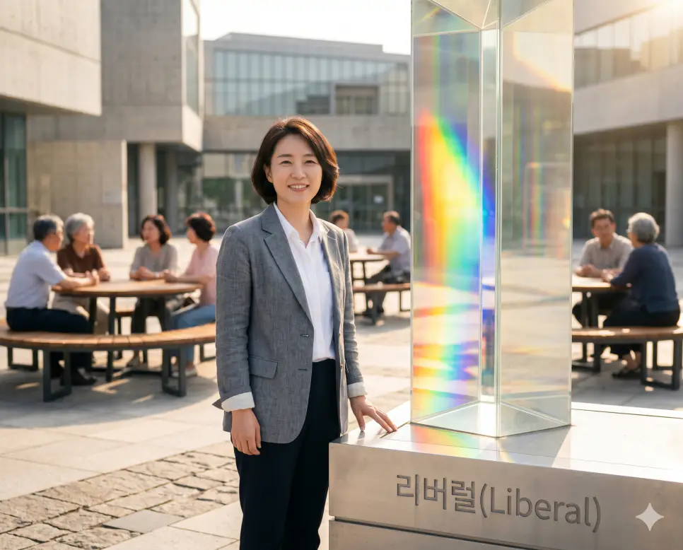 리버럴 뜻, 헤게모니 뜻, 레토릭 뜻: 개인의 자유주의 가치와 정치공학적 패권 및 수사학의 본질 1 개인의 자유와 권리를 최우선 가치로 삼으며 다양성을 존중하고 사회적 약자를 포용하려는 진보적 자유주의적 성향의 사상인 리버럴(Modern Liberalism) 토론회를 미술관 광장 데스크 앞에서 진중한 정면 표정으로 진행하는 변호사의 극실사 이미지