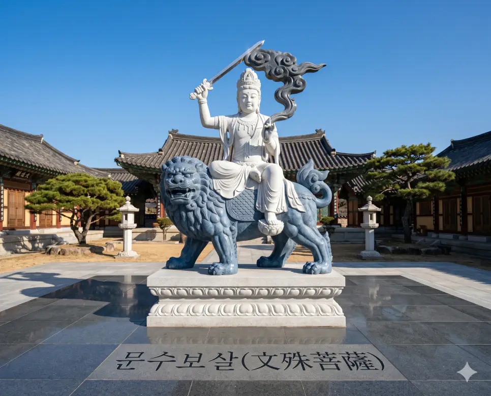 지장보살 뜻, 문수보살 뜻, 보현보살 뜻: 불교 철학으로 보는 구원의 서원과 지혜 및 위대한 실천 2 문수보살 최고의 지혜를 지닌 성인을 시각화하기 위해 사찰 마당 돌바닥 표면에 키워드가 정교하게 새겨진 소품 옆에서 푸른 사자를 타고 칼을 쥔 석조상의 극실사 모습