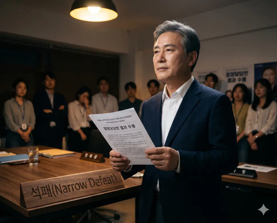 선거 투표 결과에서 당선인과의 득표 차이가 무척 근소하여 아깝고 안타깝게 낙선하거나 패배한 상태인 석패(Narrow Defeat) 결과지를 받아 들고 품격 있는 정면 표정으로 소회를 발표하는 정치인의 정면 이미지