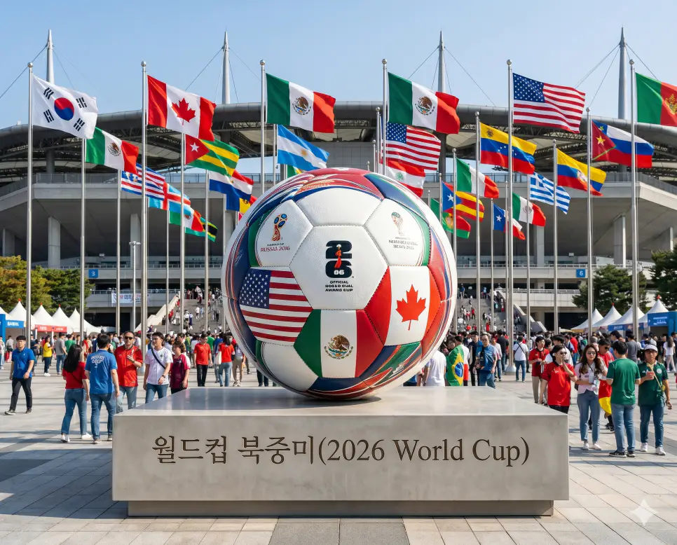 2026년에 미국 캐나다 멕시코 3개국이 공동 개최하여 본선 진출 규격을 최초로 48개국까지 전면 확정한 세계 최고 권위의 축구 축제 국면인 월드컵 북중미(2026 World Cup) 대회 공식 대형 매치볼과 바람에 흩날리는 각국 대표 진영 배너 사료들을 스타디움 광장 정중앙에서 사실적으로 고증한 극실사 모습