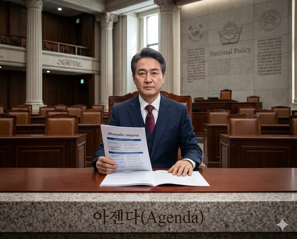 접전 뜻, 아젠다 뜻, 이슈 뜻: 치열한 경합 상태와 공식 의제 및 사회적 쟁점의 본질 2 공공의 과제나 선거 국면에서 우선적으로 논의하고 해결하기 위해 정형화하여 상정하는 공식 의제나 핵심 청사진인 아젠다(Official Agenda) 책자를 진중한 정면 표정으로 제시하는 정책 입법가의 극실사 모습