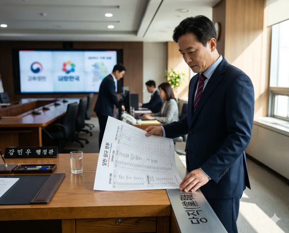 정당 내부의 행정 기획 대변 조직 관리 등 당의 운영과 안녕 구조를 결속하기 위해 당원에게 부여하는 공식적인 직책이나 임무인 당직(Official Assignment) 인사 명부를 행정 본부 집무실에서 엄숙하게 검토하는 임원의 정면 이미지