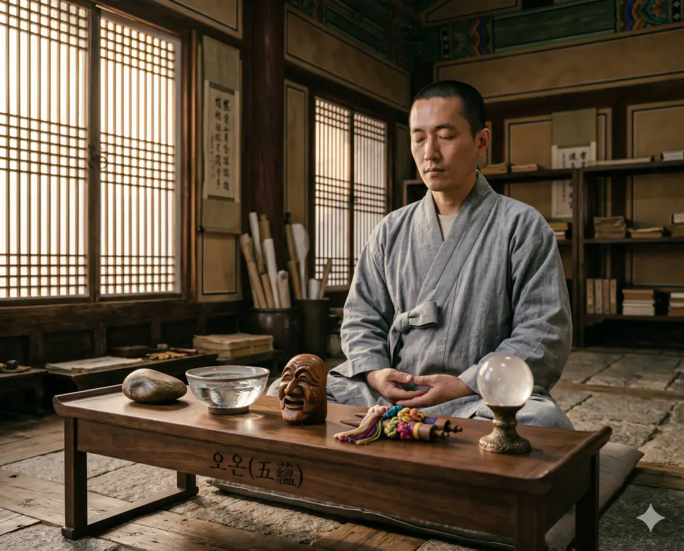 사대 뜻, 오온 뜻, 영원 뜻: 불교 철학으로 보는 물질의 원소와 인간의 정신 작용 2 오온 인간 존재를 이루는 다섯 요소를 시각화하기 위해 선방 서가 책상 표면에 키워드가 정교하게 새겨진 소품 옆에 앉아 생각에 잠겨 있는 수행자의 극실사 모습