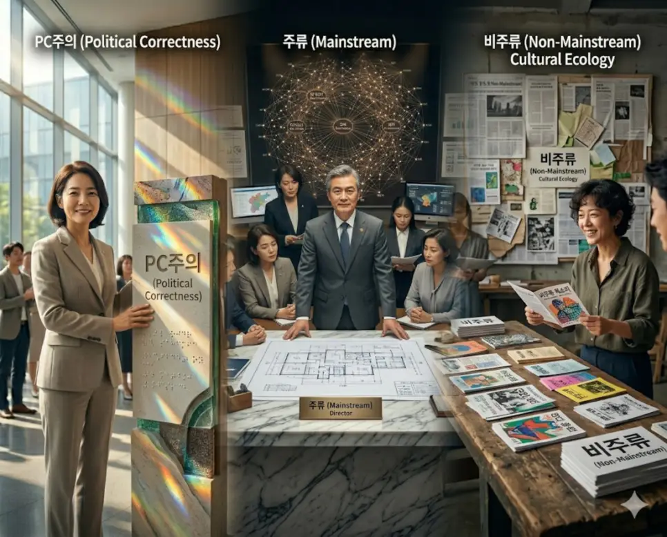 PC주의 뜻, 주류 뜻, 비주류 뜻: 차별 배제 운동과 권력 중심 세력 및 주변부 공동체의 본질 4 유니버셜 디렉토리 가이드라인을 정비하는 PC주의(Political Correctness)의 도서관 광장, 자원 배치 마스터플랜을 검토하는 주류(Social Mainstream)의 대형 회의실 테이블, 독립 책자 인쇄 데이터를 조율하는 비주류(Social Fringe Community)의 예술 작업실 요소를 종합 구도로 결합한 최고급 집단 구조 포스터