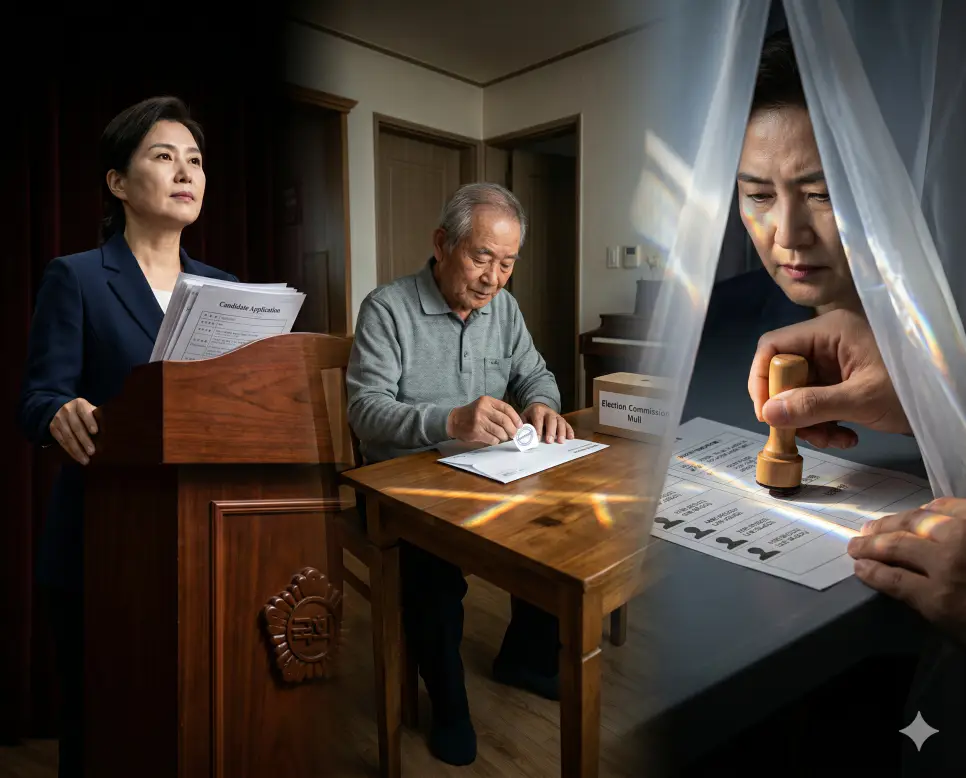 법이 정한 자격으로 출마하는 피선거권 자격, 장소에 구애받지 않고 우편으로 참여하는 거소투표 제도, 칸에 정확하게 도장을 찍는 기표 행위의 핵심 선거 데이터를 하나로 결합한 최고급 포스터