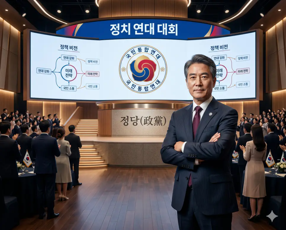정치적 견해나 개혁 노선을 같이하는 사람들이 정권을 획득하고 공공의 아젠다를 실현하기 위해 조직한 자발적 정치 결사체인 정당(Political Alliance) 선언문 차트를 배경으로 정면 구도 무대 위에서 확신에 찬 표정을 짓는 지도자의 극실사 모습