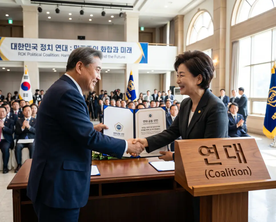 공통의 정치적·철학적 청사진을 달성하기 위해 서로 다른 정당, 후보자, 또는 사회적 세력이 힘을 합쳐 결속하는 공동 실천 행위인 연대(Political Coalition) 선언문을 당당하게 들어 보이는 지도자들의 정면 이미지