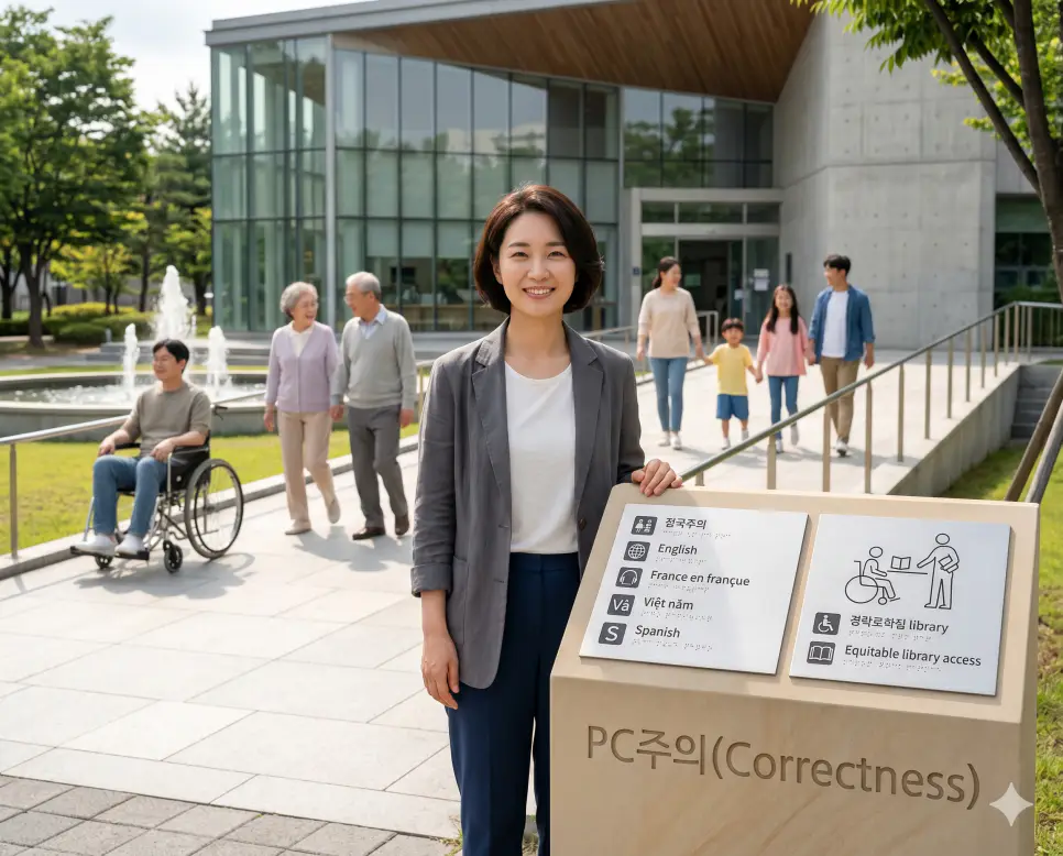 PC주의 뜻, 주류 뜻, 비주류 뜻: 차별 배제 운동과 권력 중심 세력 및 주변부 공동체의 본질 1 언어 사용이나 사회적 제도에서 인종 성별 종교 등에 따른 모든 형태의 편견과 차별을 전방위 배제하려는 사회적 정치적 운동인 PC주의(Political Correctness) 안내판을 도서관 광장 배리어프리 경사로 앞에서 온화한 정면 표정으로 확인하는 연구원의 극실사 이미지