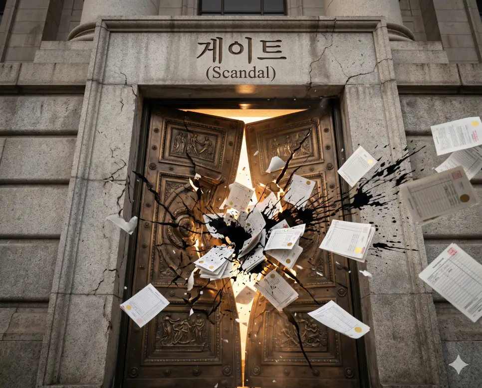 권력 수반이나 최측근 가신 그룹이 개입하여 사회적 파멸 리스크를 초래한 대형 권력형 부패 스캔들인 게이트(Political Gate Scandal)의 정체성을 거대한 청동문 중심부가 붕괴하며 수많은 비공개 권력 원장들이 사방으로 터져 나오는 찰나로 고증한 극실사 모습