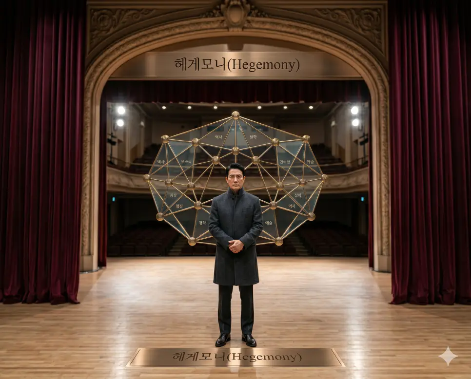 리버럴 뜻, 헤게모니 뜻, 레토릭 뜻: 개인의 자유주의 가치와 정치공학적 패권 및 수사학의 본질 2 단순한 물리적 억제력을 넘어 문화 사상적 동의를 바탕으로 특정 집단이 사회 전체를 주도하는 정치공학적 패권인 헤게모니(Political Hegemony) 이데올로기 원고를 대학교 무대 위에서 정면 구도로 엄숙하게 검토하는 철학자의 극실사 모습
