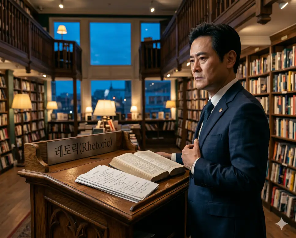 리버럴 뜻, 헤게모니 뜻, 레토릭 뜻: 개인의 자유주의 가치와 정치공학적 패권 및 수사학의 본질 3 청중의 가치관과 감정적 탄력성을 자극하여 자신의 주장을 가장 매력적으로 관철하려는 고도의 정치적 수사학이자 소통 기술인 레토릭(Political Rhetoric) 연설 초안을 정면 구도 서점 연단에서 엄숙한 표정으로 확인하는 웅변가의 정면 이미지