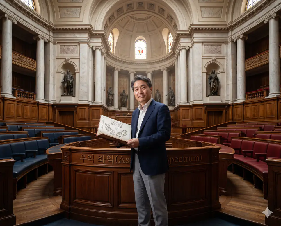 프랑스 혁명 당시 의회 좌석 배치에서 유래하여 전통과 시장 자율을 중시하는 보수와 변화와 평등을 강조하는 진보로 권력 공학의 스펙트럼을 분류한 정형화된 규격인 우익 좌익(Political Spectrum) 프랑스 국민의회 좌석 배치도를 웅장한 신고전주의 대의회장 정중앙에서 조율하는 정치학자의 극실사 이미지