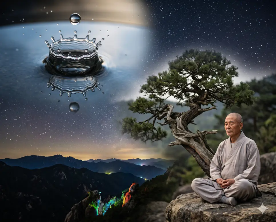 찰나 뜻, 영생 뜻, 억겁 뜻: 불교 철학으로 보는 시간의 최소 단위와 무한한 세월 4 찰나 뜻, 영생 뜻, 억겁 뜻 개념을 나타내는 순간의 물방울, 늘 푸른 분재 소나무, 은하수 밤하늘 풍경 소품의 생생한 질감을 세계적인 잡지 사진 스타일로 결합한 최고급 극실사 포스터