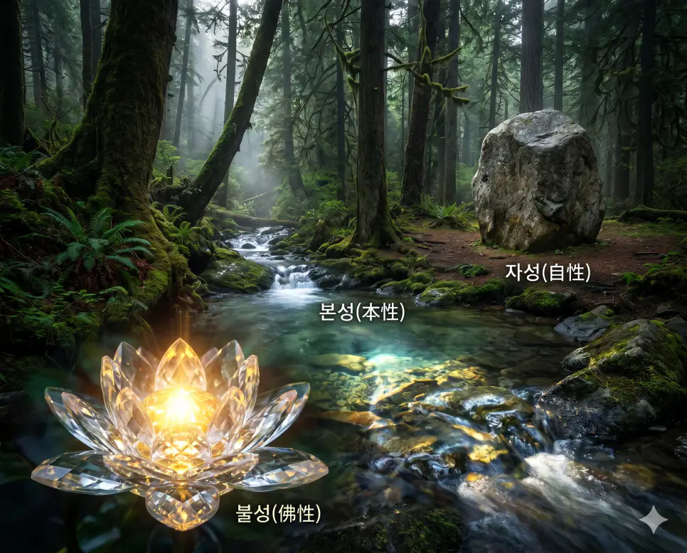 불성 뜻, 자성 뜻, 본성 뜻 개념을 나타내는 빛나는 수정 연꽃, 거대한 화강암 바위, 맑은 산속 샘물 소품의 생생한 질감을 세계적인 잡지 사진 스타일로 결합한 최고급 극실사 포스터