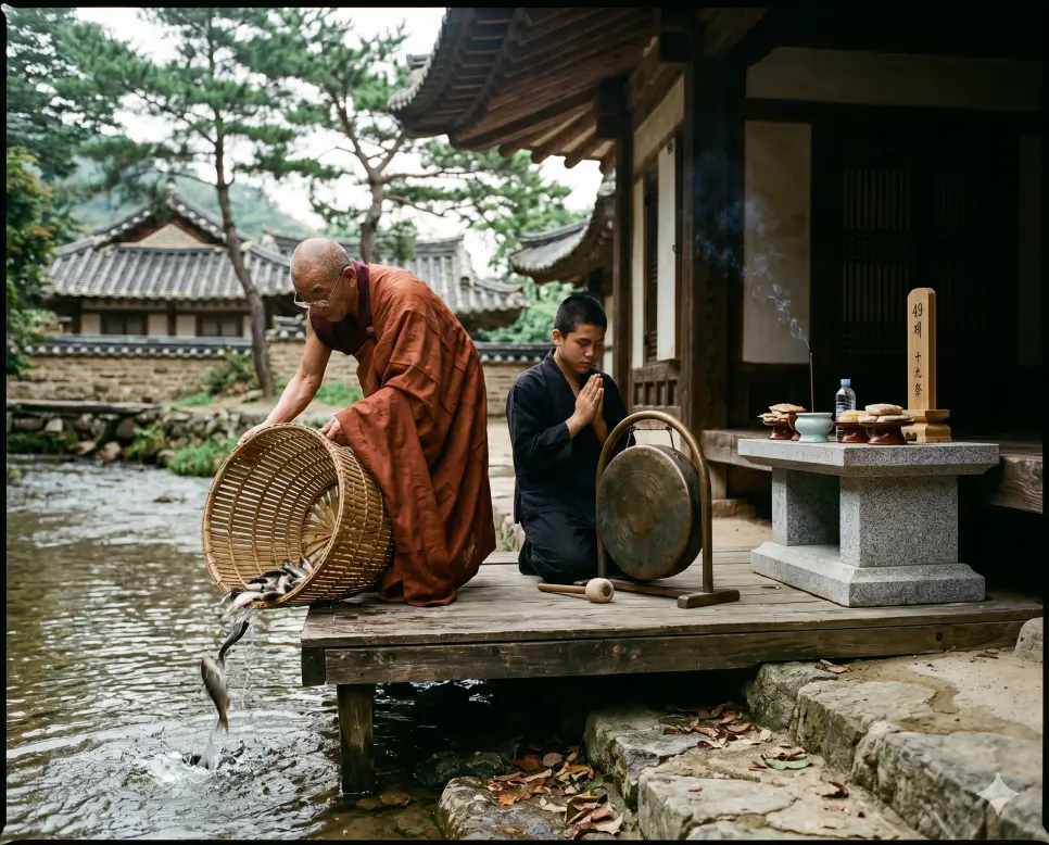 방생 뜻, 발원 뜻, 49제 뜻: 생명을 살리는 의례와 고결한 서원 및 마지막 제사 4 방생 뜻, 발원 뜻, 49제 뜻 개념을 나타내는 대나무 바구니, 청동 징, 목조 위패 소품의 생생한 질감과 인물의 경건한 수행 모습을 세계적인 잡지 사진 스타일로 결합한 최고급 극실사 포스터