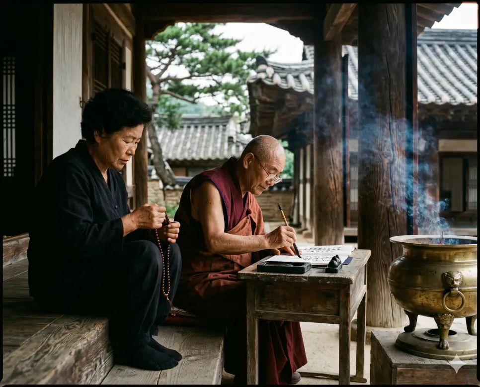 염불 뜻, 사경 뜻, 기도 뜻: 의식을 맑게 깨우는 수행 공정과 간절한 일념의 정신 활동 4 염불 뜻, 사경 뜻, 기도 뜻 개념을 나타내는 수행자의 염주, 붓글씨를 쓰는 노승, 향로와 목탁 소품의 생생한 질감을 세계적인 잡지 사진 스타일로 결합한 최고급 극실사 포스터