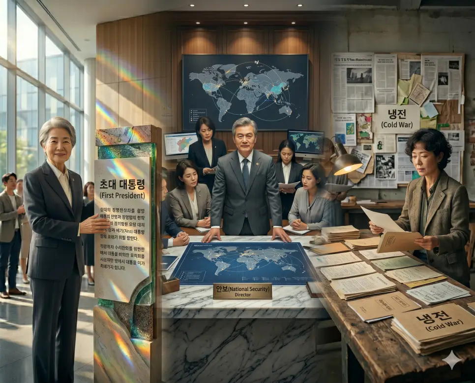 새로운 민주 수반의 출범을 알리는 초대 대통령(First President)의 건국 광장, 빈틈없는 국가 방어 인프라를 조율하는 안보(National Security)의 상황실, 그리고 배후의 정보 전술을 조율하는 냉전(Cold War)의 전략 연구소를 하나의 역사적 스토리 라인으로 구성한 마스터피스 다큐멘터리 큐레이션 통합 포스터 극실사 이미지
