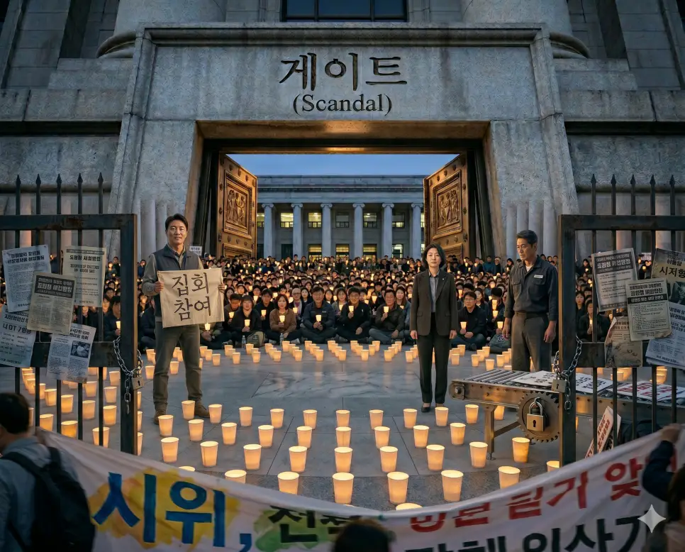 실제 도심 대로 위에서 슬로건 현수막을 들고 행진하는 시위(Public Demonstration)의 현장, 시민들이 종이컵 촛불을 들고 평화롭게 결속한 집회(Public Assembly)의 광장, 그리고 거친 대자보가 붙어 있고 경영 인프라가 정지된 파업(Labor Strike)의 닫힌 공장 정문을 하나의 정돈된 리얼리티 스토리 라인으로 융합한 마스터피스 큐레이션 통합 포스터 극실사 이미지
