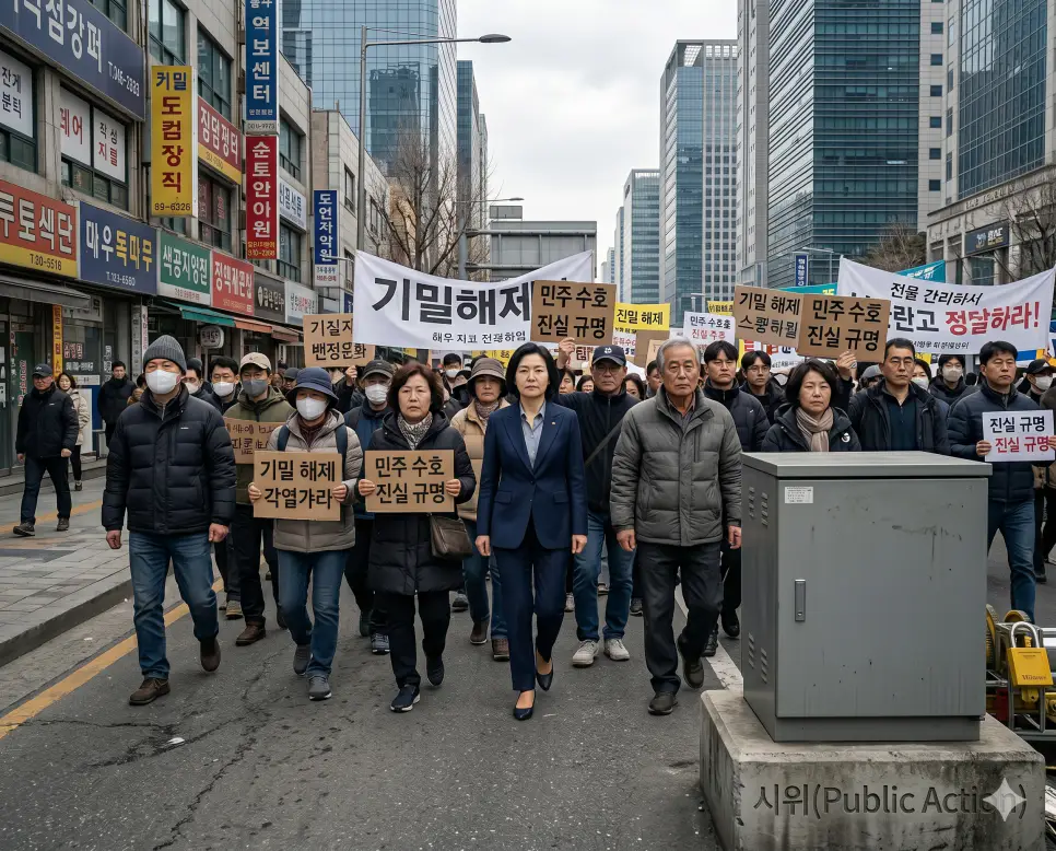 다수의 대중이 공통의 목적을 가지고 자신들의 위력과 정견을 대외에 과시하여 여론을 움직이는 동적 소통 행동인 시위(Public Demonstration)의 본질을 실제 도심 아스팔트 대로 위에서 일상복을 입은 시민들이 한글 슬로건이 적힌 깃발과 거친 피켓들을 들고 사실적으로 행진하는 뉴스 기사 사진 스타일의 정면 극실사 이미지