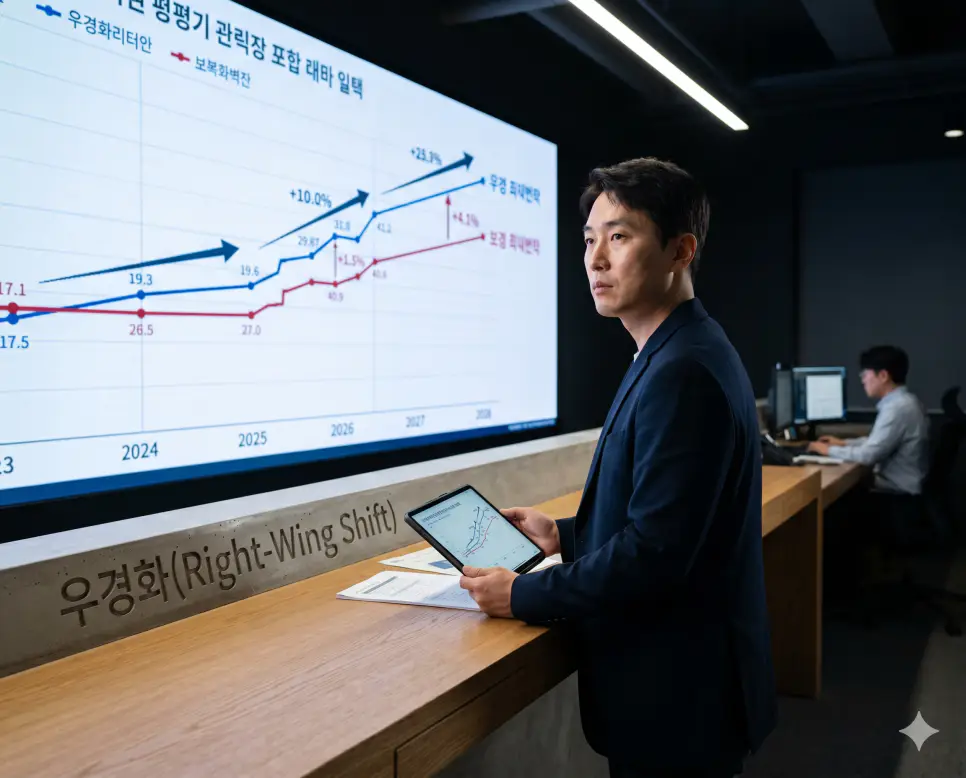 사회 공동체의 전체적인 공론장 지형이나 여론 데이터가 점진적으로 우파적 정책이나 보수적 가치관 조항으로 치우치는 경향성인 우경화(Right-Wing Shift) 격차 선형 그래프를 정면 구도 통계실에서 엄숙한 표정으로 확인하는 과학자의 정면 이미지