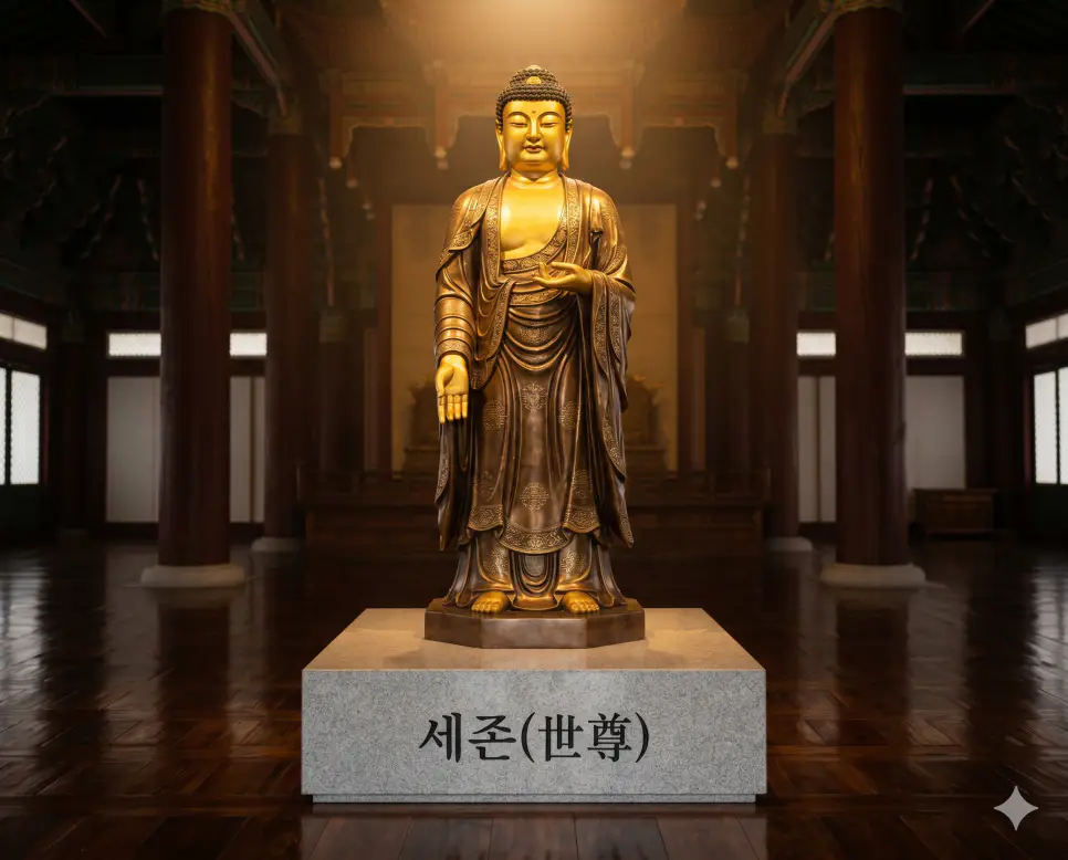 붓다 뜻, 세존 뜻, 미륵 뜻: 우주의 절대적 진리와 고결한 존칭 및 미래의 구원자 2 세존 온 세상 사람들에게 존경받는 고결하고 위대한 존재를 시각화하기 위해 좌대 화강암 테두리 표면에 키워드가 정교하게 새겨진 소품 위에 장엄하게 서 있는 황금 불상의 극실사 모습