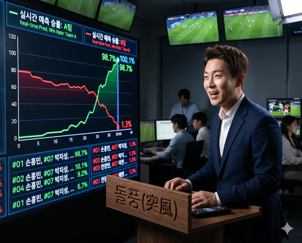 선거 국면이나 경쟁 서사 속에서 약세에 처해 있던 주체가 예상치 못한 폭발적인 지지를 얻어 판세를 흔드는 강력한 동적 에너지인 돌풍(Sensational Surge) 크로스 라인 스코어 보드를 정면 구도 방송실에서 당당한 정면 표정으로 바라보는 데이터 앵커의 정면 이미지
