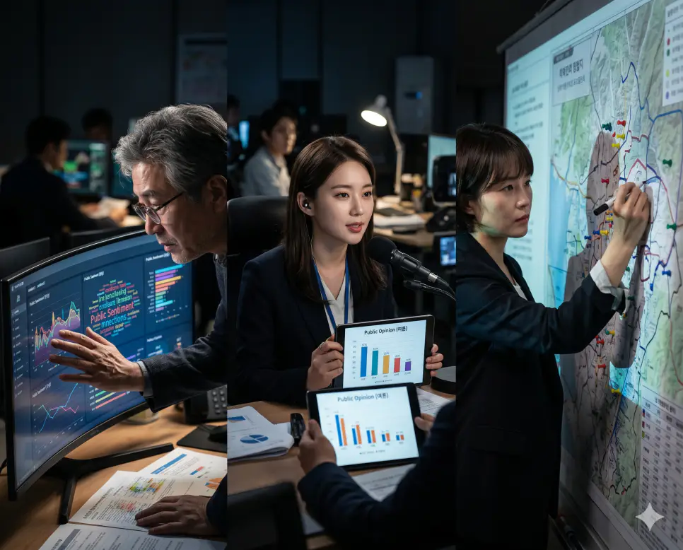 민심 뜻, 여론 뜻, 험지 뜻: 백성의 마음속 의지와 공통된 의견 및 불리한 선거구의 본질 4 마음속 지향점을 포착한 민심(Public Sentiment) 데이터, 표면화된 흐름을 담은 여론(Public Opinion) 지표, 격전지 타개를 연구하는 험지(Challenging District) 지도를 종합 큐레이션 구도로 연결한 최고급 선거 분석 포스터