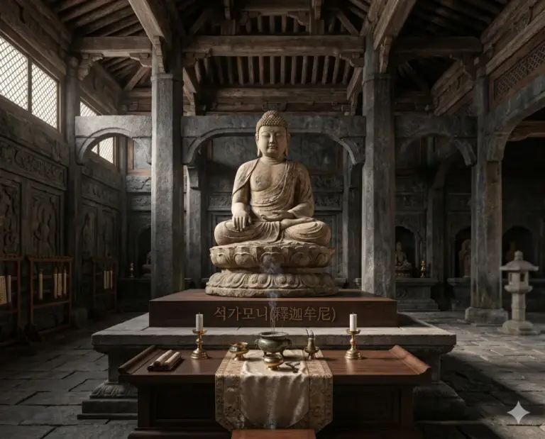 shakyamuni sandstone statue ancient temple real photography 8k
