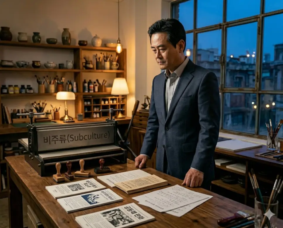 PC주의 뜻, 주류 뜻, 비주류 뜻: 차별 배제 운동과 권력 중심 세력 및 주변부 공동체의 본질 3 주류 세력의 그늘에 가려 의사결정 인프라의 중심부에서 배제당한 채 소수의 목소리를 대변하는 주변부 공동체인 비주류(Social Fringe Community) 독립 간행물 인쇄본을 정면 구도 예술 작업실 테이블에서 온화한 표정으로 조율하는 기획자의 정면 이미지